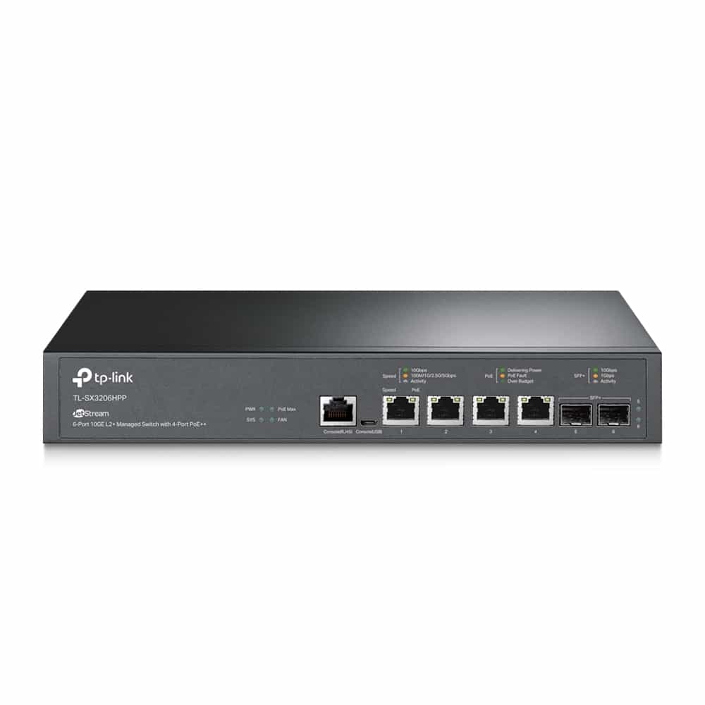  JetStream Boshqariladigan 10 Gbit/s 2+ daraja Kommutator, 4 ta PoE portli TP-Link TL-SX3206HPP-1